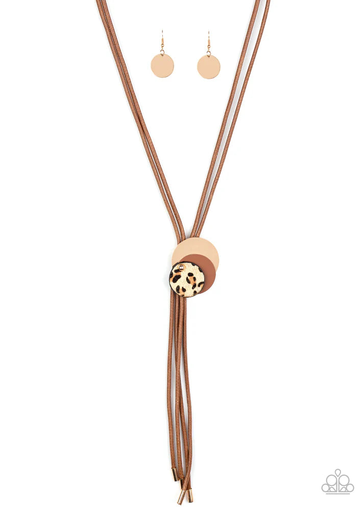 2-Piece Oversized Brown/Gold Trio Discs Overlap "Fuzzy" Wild Cheetah Leather Cord Set SET#1585