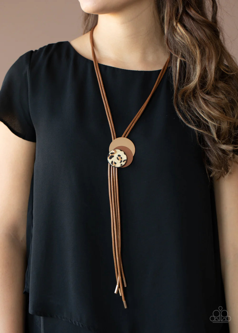 I'm FELINE Good - Oversized Brown Trio Brown/Gold/Fuzzy Cheetah Print Discs Overlap Adjustable Pendant Shiny Black Cording Wildly Retro Necklace N#4228