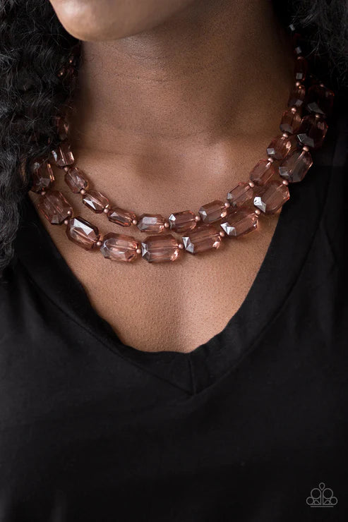 Ice Bank - Copper Infused Beads Emerald-Cut Layered Edgy Necklace N#4551
