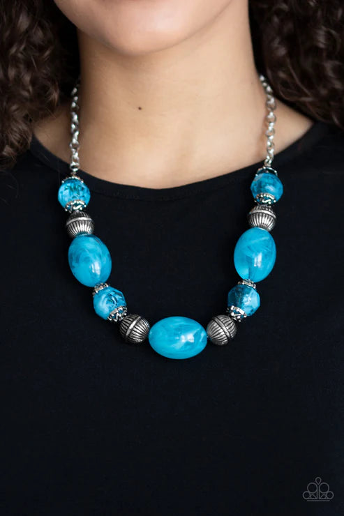 Ice Melt - Oversized Blue Antiqued Icy Glassy Accent Necklace N#6335