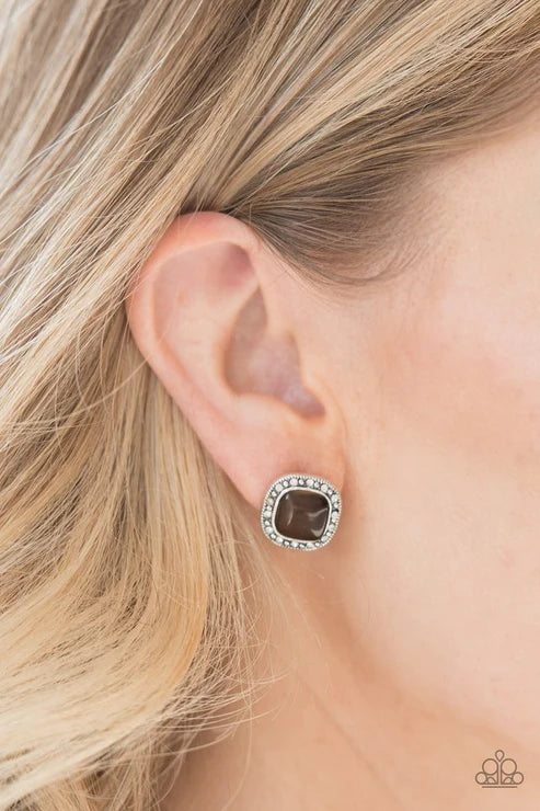 Ice Palace - Brown Cat's Eye Moonstone Dots Square Encrusted Regal Earrings E#3044