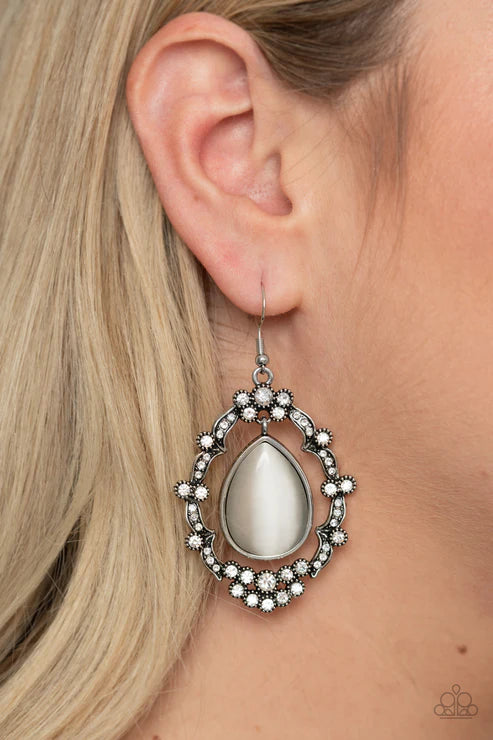 Icy Eden - Oversized White Ornate Cat's Eye Moonstone Encrusted Teardrop Lure Earrings E#2955
