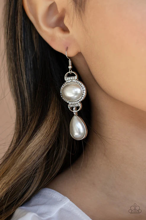 Icy Shimmer - Oversized White Oval Pearl Suspended Encrusted Teardrop Earrings E#6832
