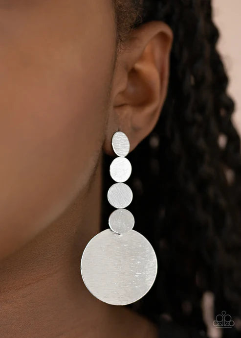 Idolized Illumination - Oversized Silver Scratched Surface Silver Discs Connects To A Large Gold Disc Bold Display Earrings E#4535