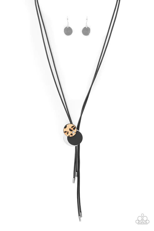 Im FELINE Good - Oversized Black Trio Silver/Black/Fuzzy Cheetah Print Discs Overlap Adjustable Pendant Shiny Black Cording Wildly Retro Necklace N#3232