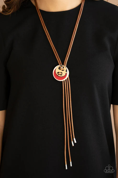 Im FELINE Good - Oversized Red Trio Silver/Red/Fuzzy Cheetah Print Discs Overlap Adjustable Pendant Shiny Black Cording Wildly Retro Necklace N#5702