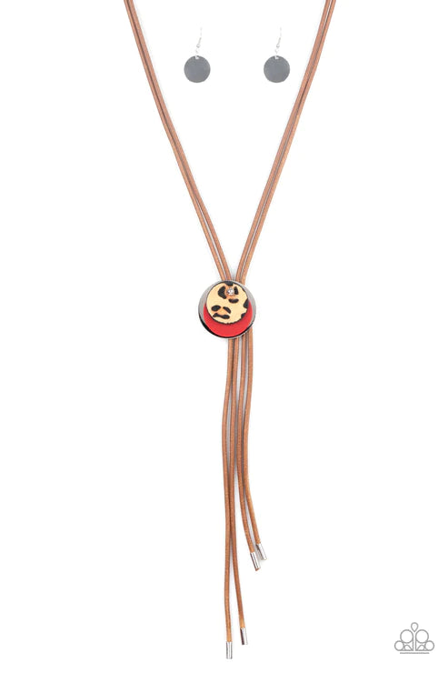 Im FELINE Good - Oversized Red Trio Silver/Red/Fuzzy Cheetah Print Discs Overlap Adjustable Pendant Shiny Black Cording Wildly Retro Necklace N#5702