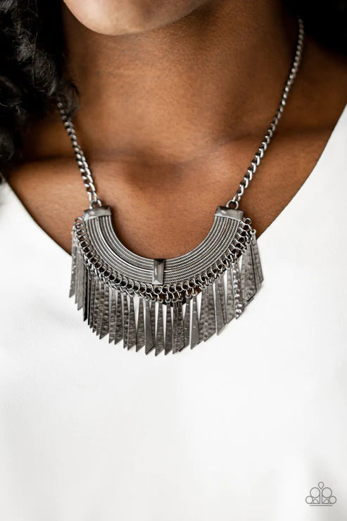Impressively Incan - Black Half-Moon Hammered Shimmer Textured Flared Plate Fringe Necklace N#4447