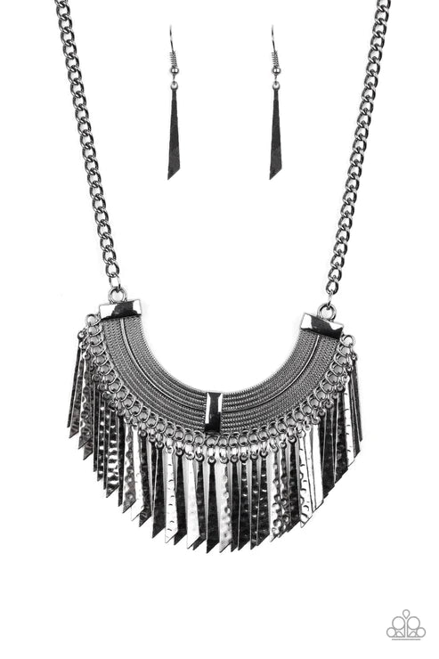 Impressively Incan - Black Half-Moon Hammered Shimmer Textured Flared Plate Fringe Necklace N#4447