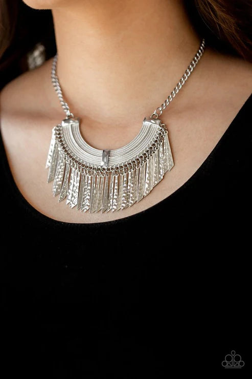Impressively Incan - Silver Half-Moon Hammered Shimmer Textured Flared Plate Fringe Necklace N#3997