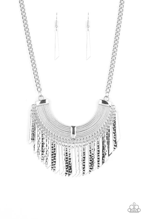 Impressively Incan - Silver Half-Moon Hammered Shimmer Textured Flared Plate Fringe Necklace N#3997