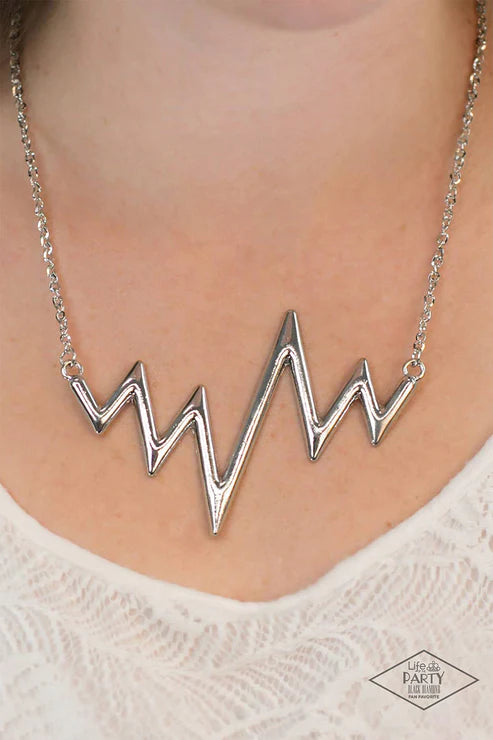In A Heartbeat - Silver Chunky ZigZags Angular Heartbeat Necklace N#3772