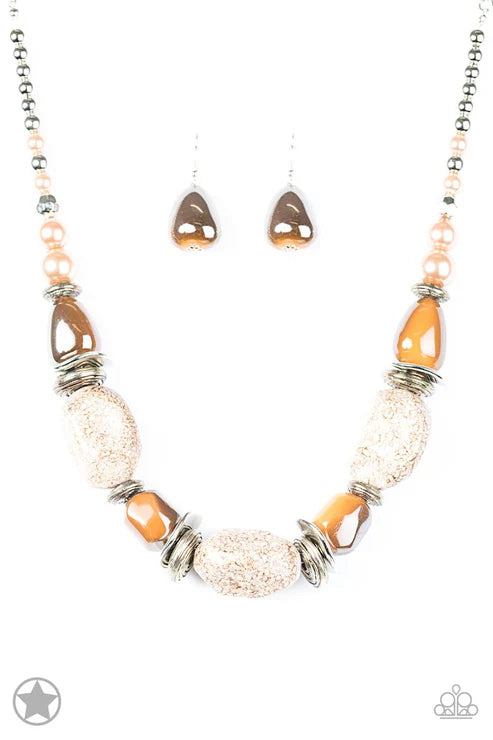 2-Piece Oversized Chunky Peach (Amber/Peach/Brown) Glazed Finish Pearly Speckled Faux Rocks Set SET#6473