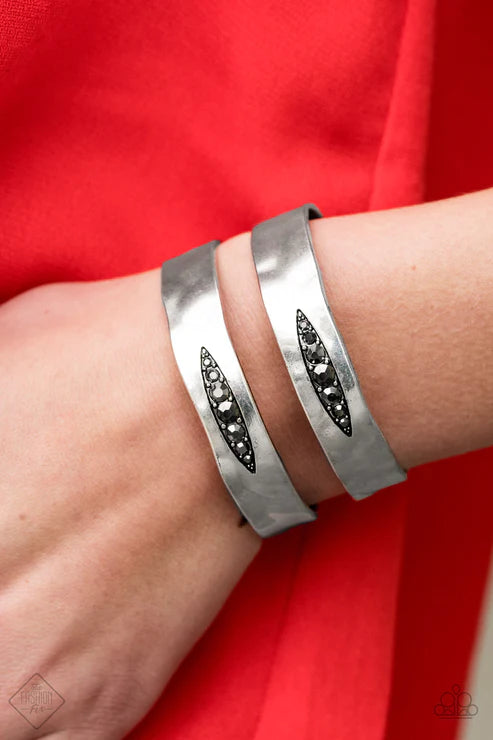 In HAUTE Pursuit - Oversized Silver Hematite Encrusted Marquise Cutout Hammered Arc Cuff Bracelet B#3622