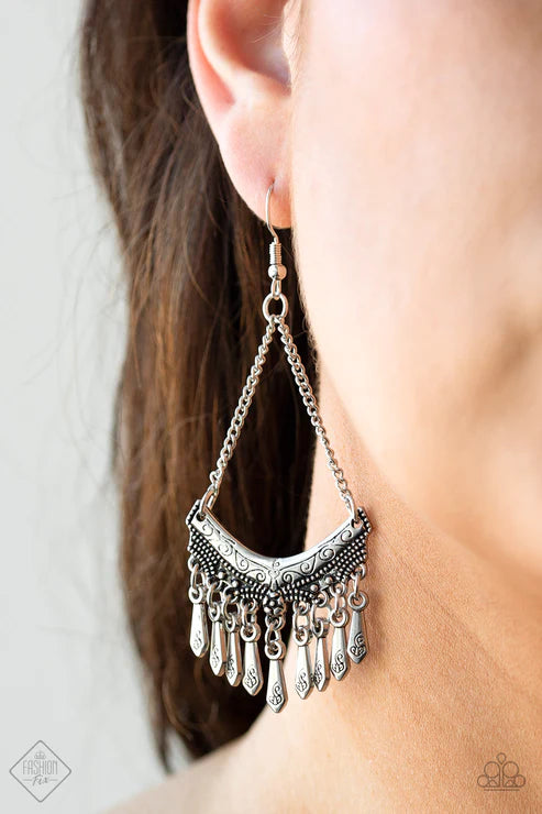 In ROGUE - Silver Dotted Floral Tribal Fringe Earrings E#3107