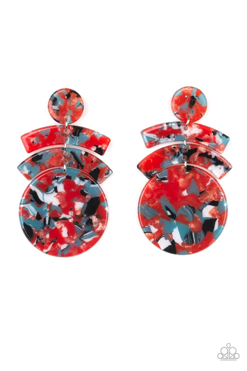 In The HAUTE Seat - Oversized Orange Abstract Faux-Marble Links Earrings E#5849