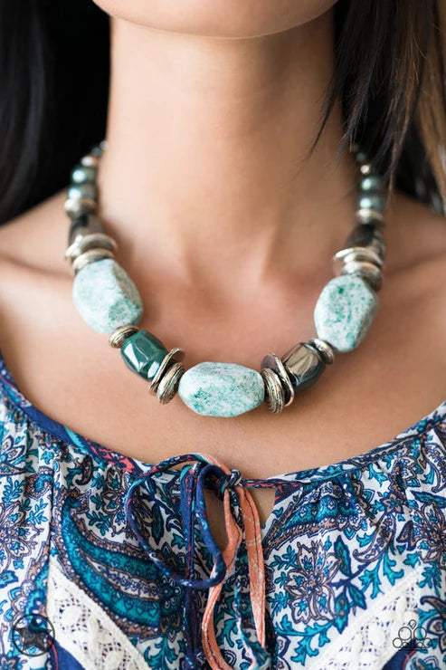 In Good Glazes - Oversized Chunky Blue (Blue/White) Glazed Finish Pearly Speckled Faux Rocks NecklaceN#7291