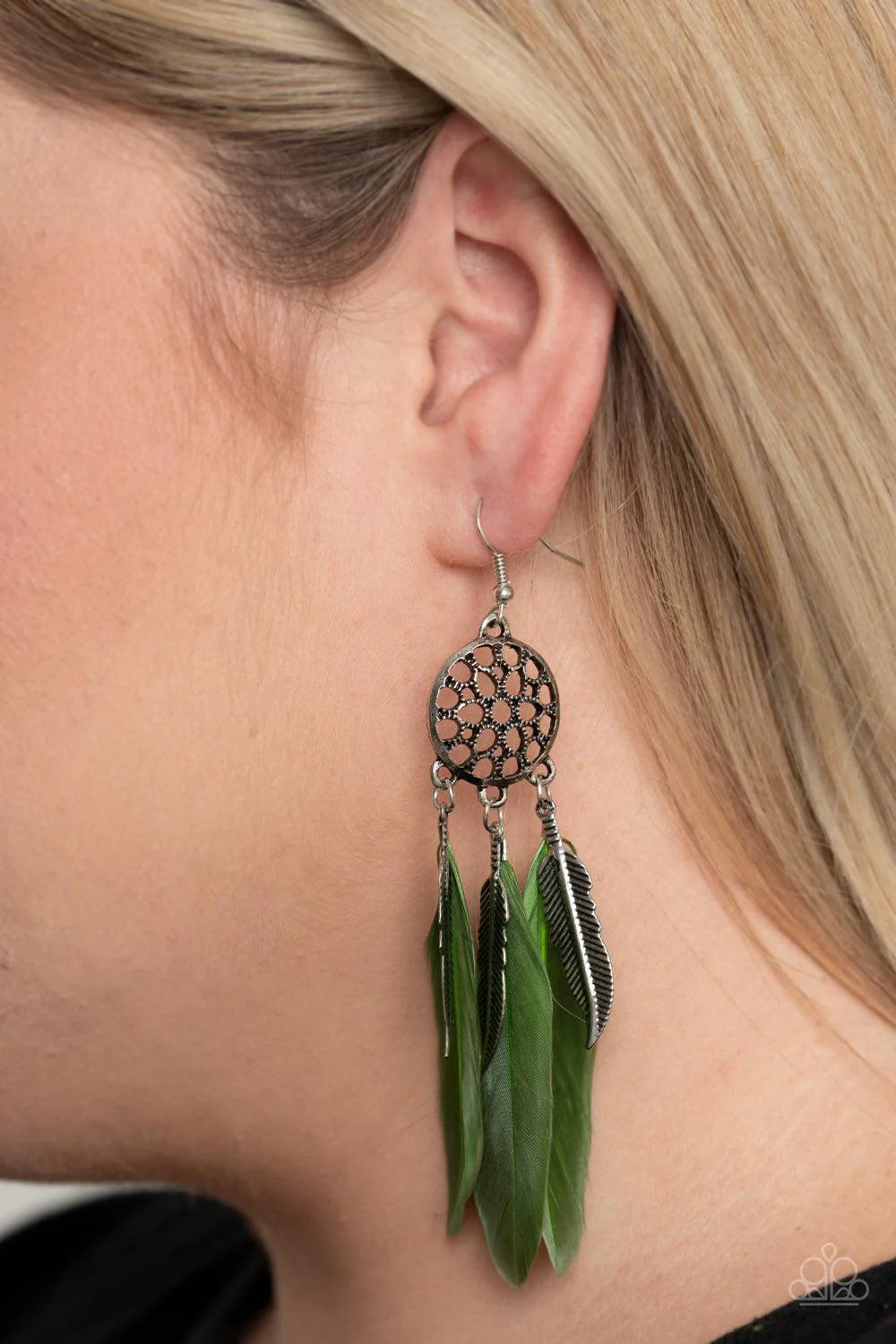 In Your Wildest DREAM-CATCHERS - Oversized Green Antiqued Feathers/Feathers Charm Wildly Dream-Catcher Ornate Earrings E#7320