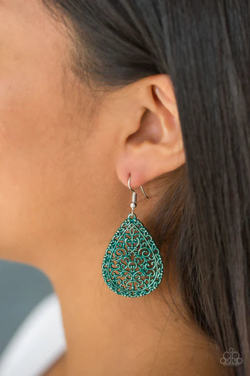 Indie Idol - Green Brushed 3D Vine Filigree Teardrop Earrings E#3797