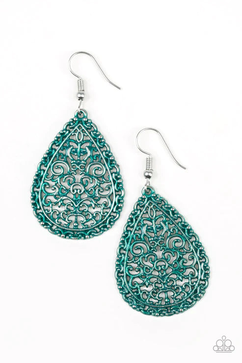 Indie Idol - Green Brushed 3D Vine Filigree Teardrop Earrings E#3797
