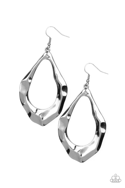 Industrial Imperfection - Oversized Black Glistening Hammered Asymmetrical Teardrop Drips Edgy Earrings E#3557