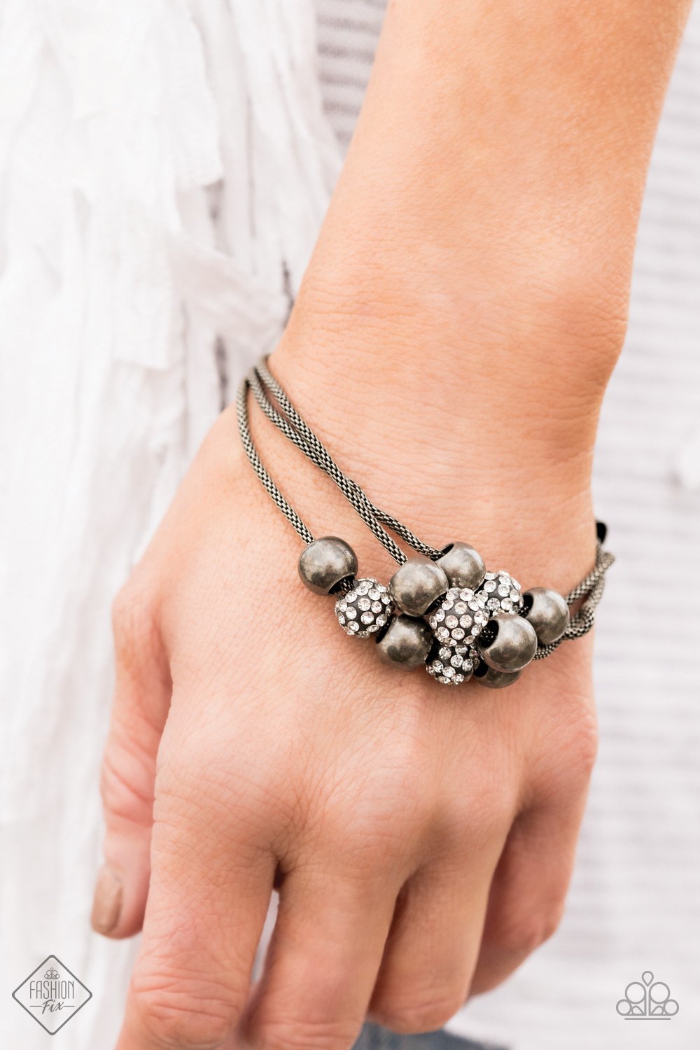 Industrial Integration - Oversized White/Gritty Tin Trio Chaos Encrusted Slide Along Rounded Mesh Industrial Bracelet B#7178