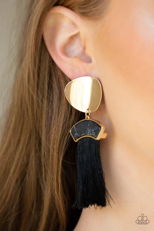 Insta Inca - Oversized Gold/Black Asymmetrical Disc Stone Plume Tassel Streams Earrings E#2907