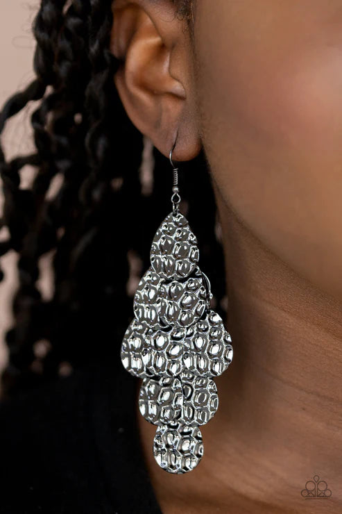 Instant Incandescence - Oversized Black Metallic Honeycomb Teardrop Earrings E#2964