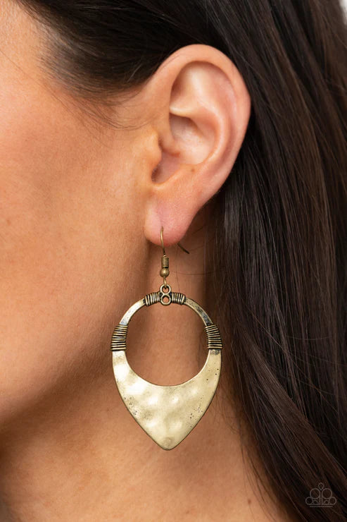 Instinctively Industrial - Oversized Brass Wire Warped Hammered Industrial Teardrop Earrings E#6764