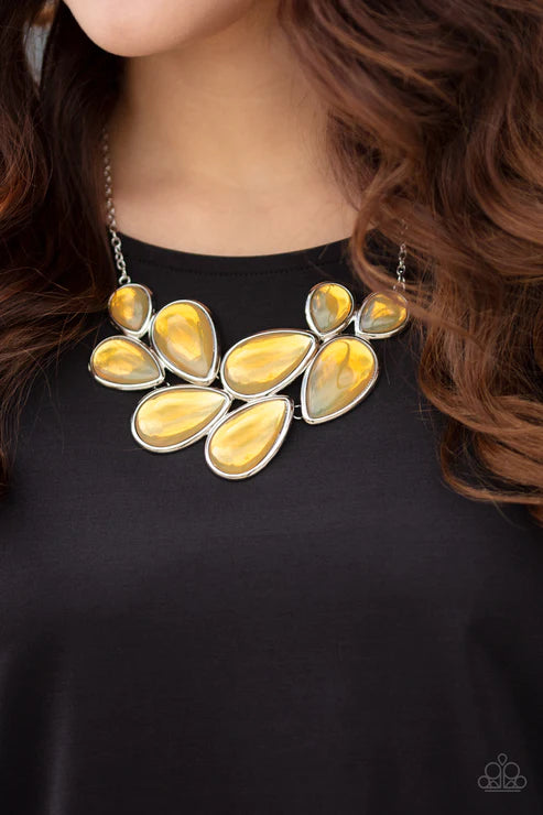 Iridescently Irresistible - Oversized Yellow Bubbly Opalescent "Puff" Cluster Teardrop Necklace N#5604