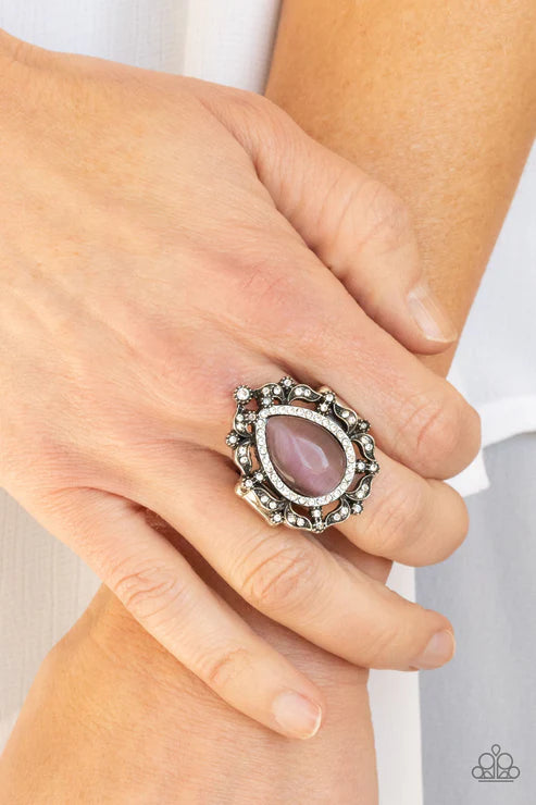 Iridescently Icy - Oversized Purple Dotted White Encrusted Leafy Frames Nestle Cat's Eye Moonstone Teardrop Center Regal Centerpiece Ring R#7371
