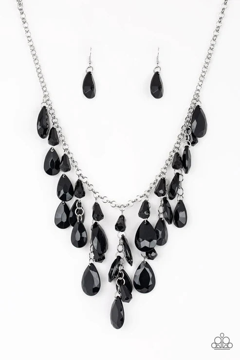 Irresistible Iridescence - Black Faceted Teardrop Fringe Necklace N#3956