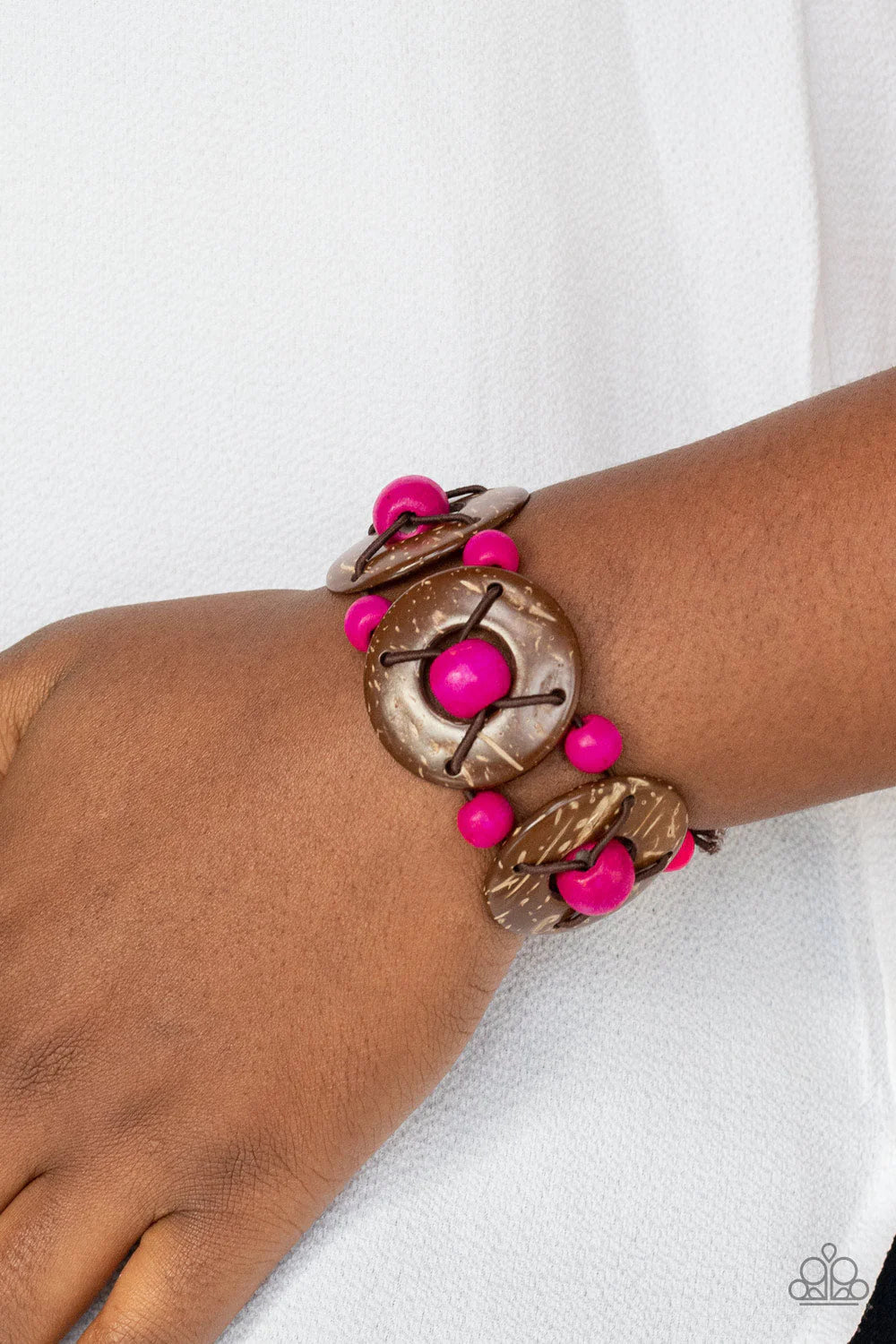Island Adventure - Oversized Pink/Brown Weaved Distressed Wood Disc Bracelet B#4818