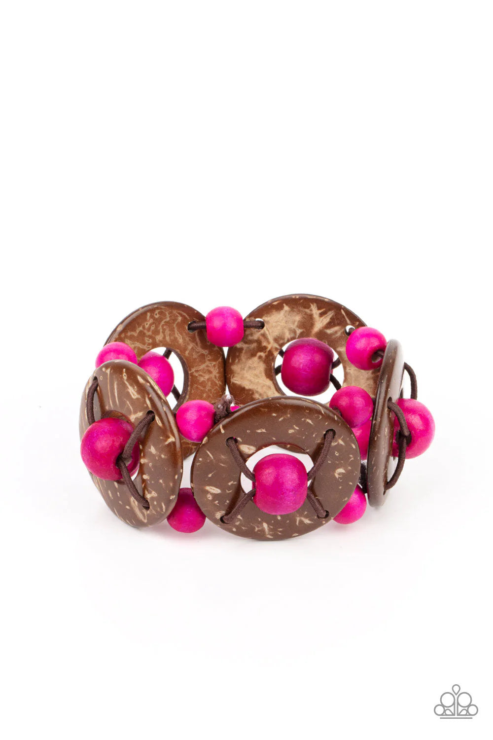 Island Adventure - Oversized Pink/Brown Weaved Distressed Wood Disc Bracelet B#4818
