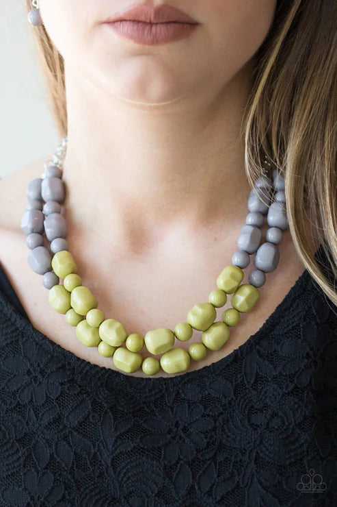 Island Excursion - Green/Silver Tiers Round/Abstract Cascading Ombre-Effect Necklace N#4564