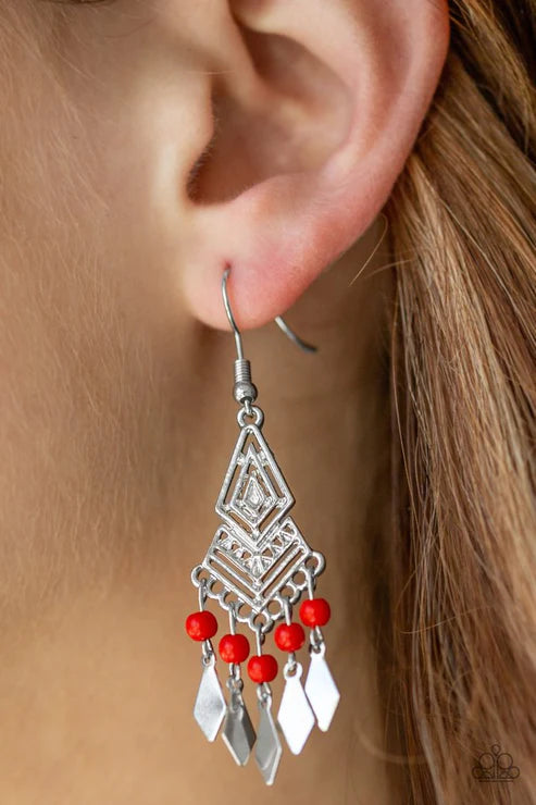 Island Import - Red Geometric Kite Tribal Fringe Earrings E#6206