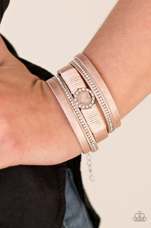 It Takes Heart - Pink Spliced Metallic Shimmer 3D Heart Encrusted Knotted Cord Leather Bracelet  B#3548