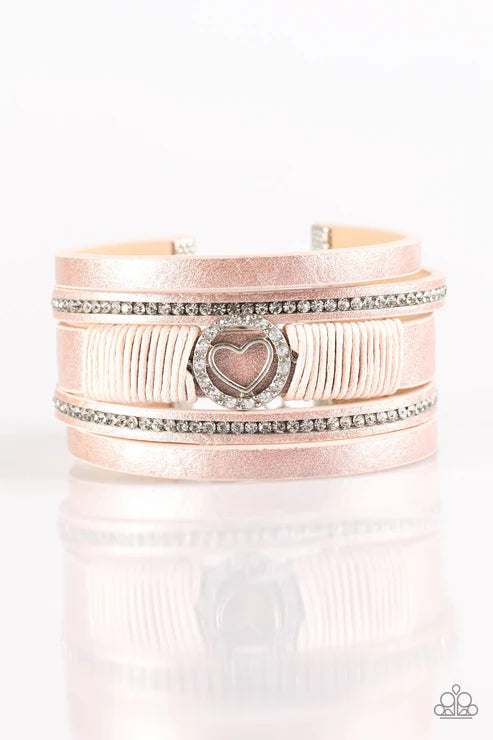 It Takes Heart - Pink Spliced Metallic Shimmer 3D Heart Encrusted Knotted Cord Leather Bracelet  B#3548