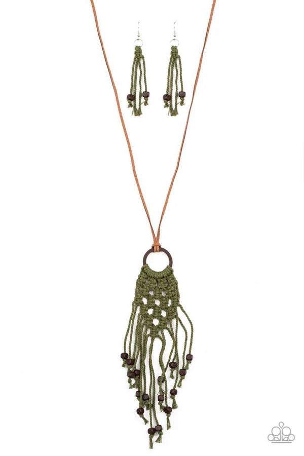 Its Beyond MACRAME! - Green/Brown Square Knotted Twine Cord Braid/Weave Macrame Hoop Suede/Wood Accent Necklace N#7193