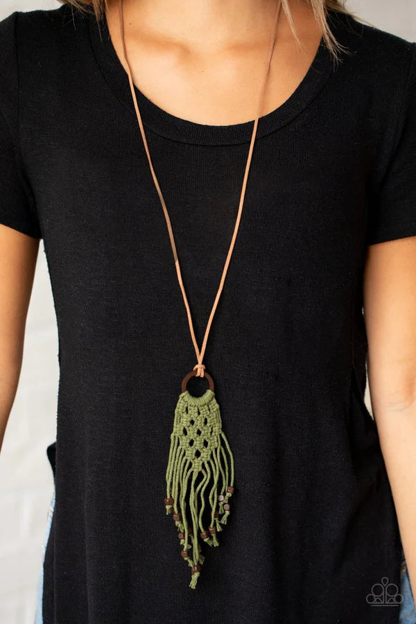 Its Beyond MACRAME! - Green/Brown Square Knotted Twine Cord Braid/Weave Macrame Hoop Suede/Wood Accent Necklace N#7193