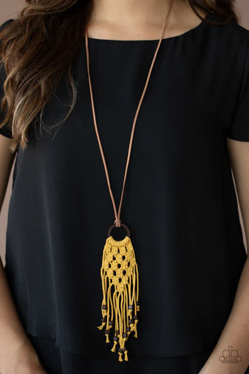 Its Beyond MACRAME! - Golden Yellow Knotted Macramé Twine Braided Weaved Square Wood Suede Hoop Necklace N#4202