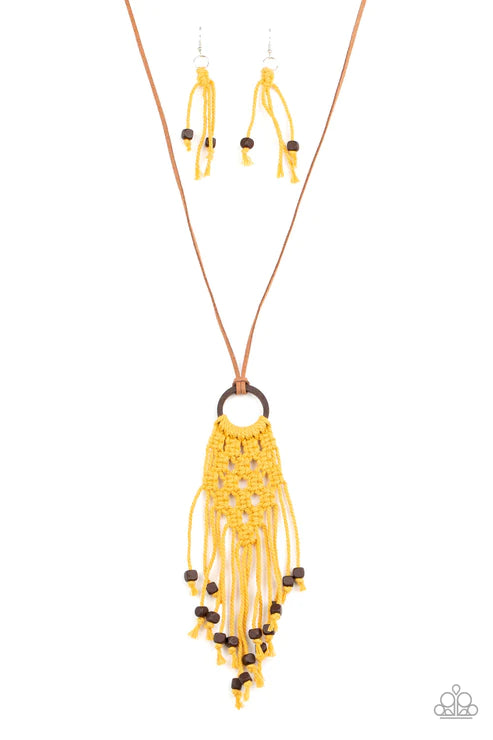 Its Beyond MACRAME! - Golden Yellow Knotted Macramé Twine Braided Weaved Square Wood Suede Hoop Necklace N#4202