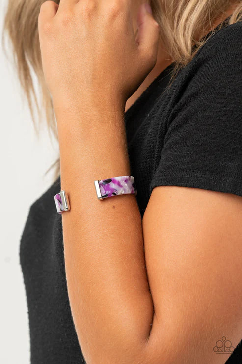 Its Getting HAUTE In Here - Purple (Purple/White/Black/Silver) Capped Curled Tortoise Shell Cuff Bracelet B#4149