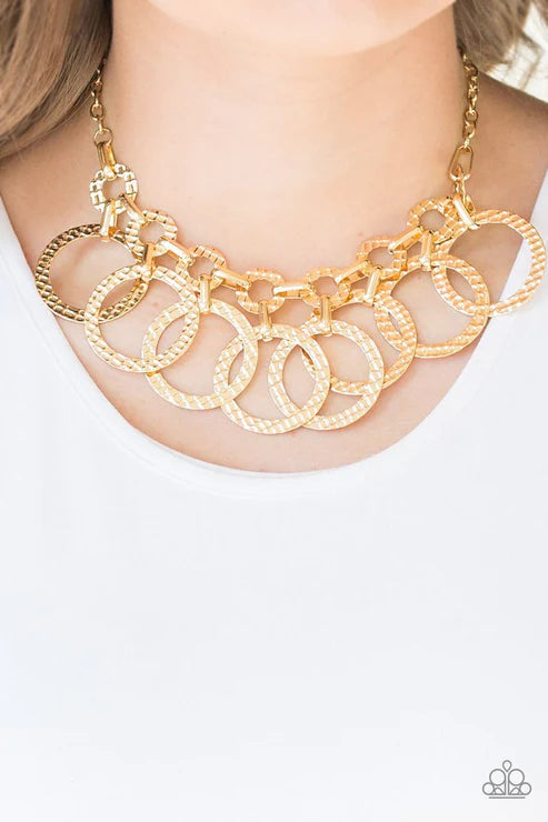 Jammin Jungle - Gold Interconnected Hammered Textured Hoop Fringe Necklace N#3432