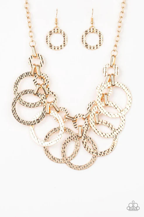 Jammin Jungle - Gold Interconnected Hammered Textured Hoop Fringe Necklace N#3432