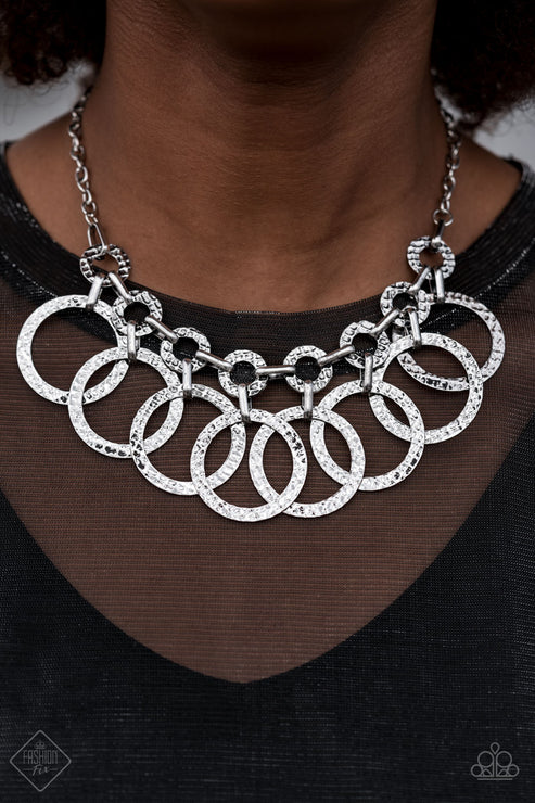 Jammin Jungle - Silver Interconnected Hammered Textured Hoop Fringe Necklace N#4751