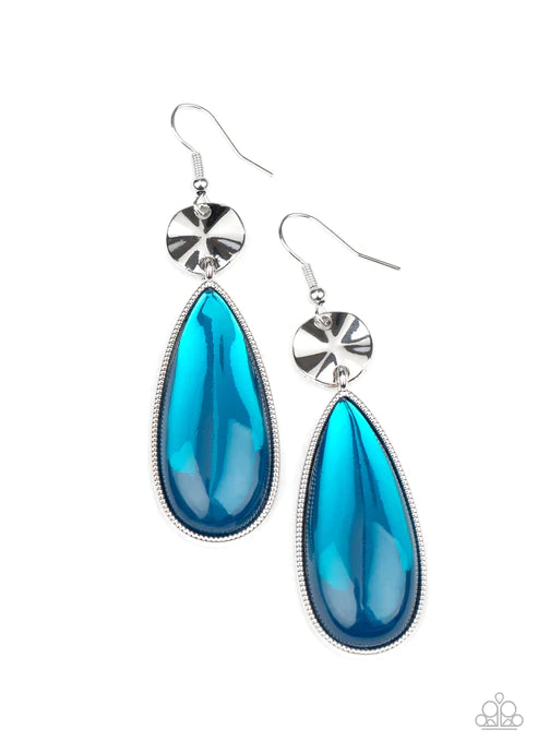 Jaw-Dropping Drama - Oversized Blue Creased Disc Dramatic Glassy Hammered Teardrop Earrings E#2957