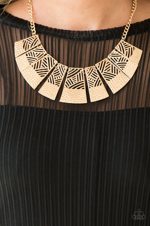 Jungle Cat Jam - Oversized Gold Stenciled Hammered Flared Links Necklace N#3474