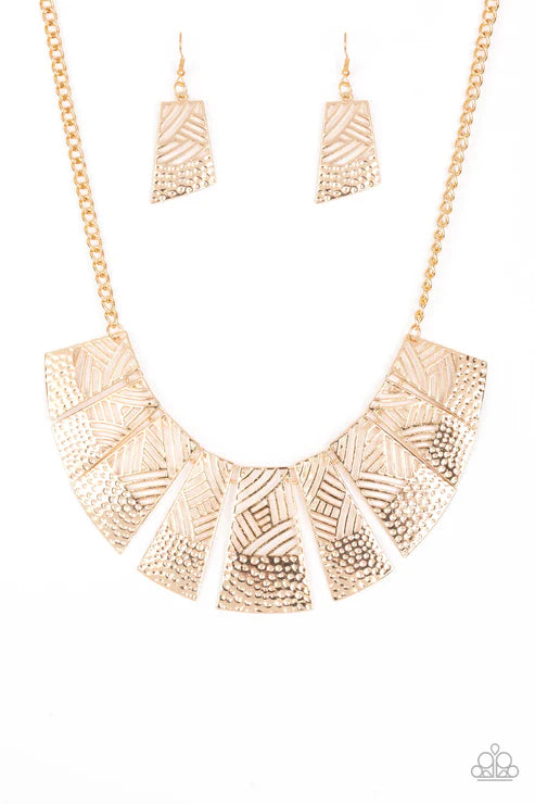 Jungle Cat Jam - Oversized Gold Stenciled Hammered Flared Links Necklace N#3474