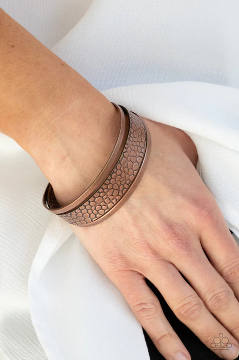 Jungle Jingle - Oversized Copper Antiqued Airy Embossed Metallic Wild Crocodile Stacked Cuff Bracelet B#4660